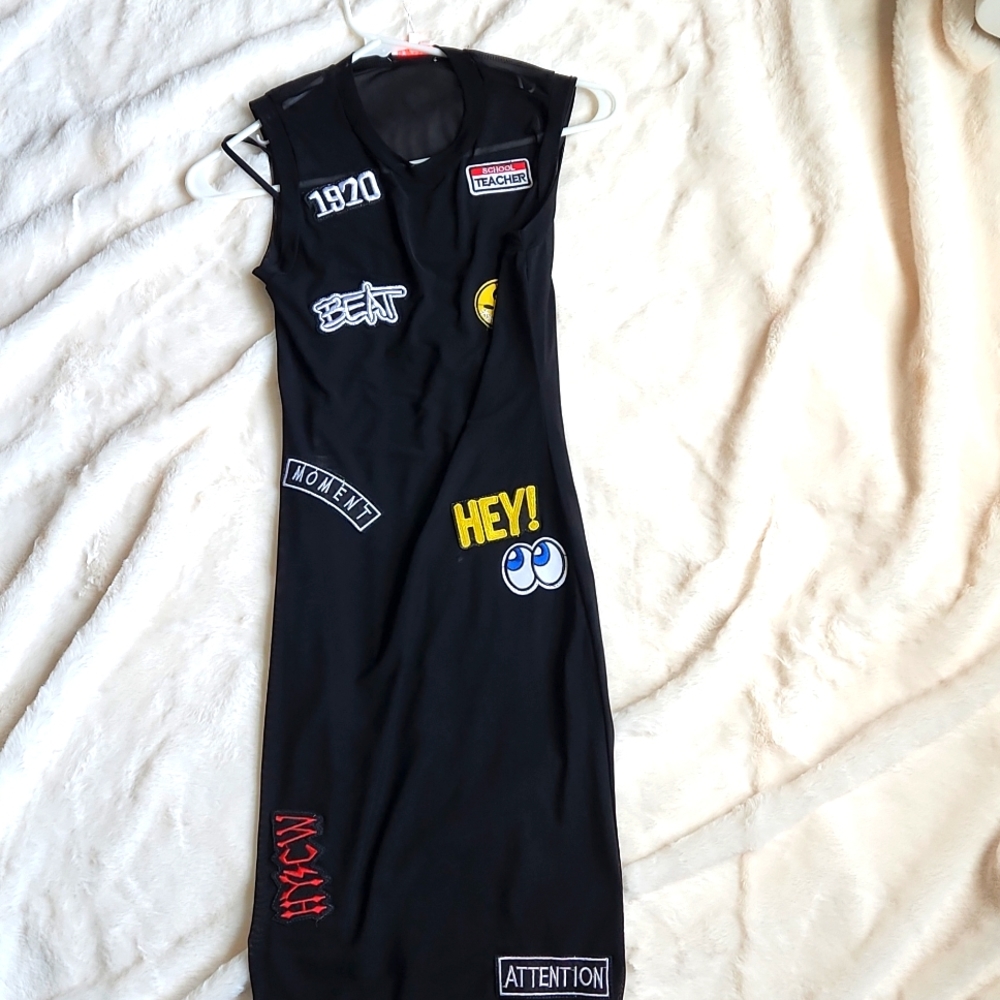 Black mesh, slip inside, fitted dress